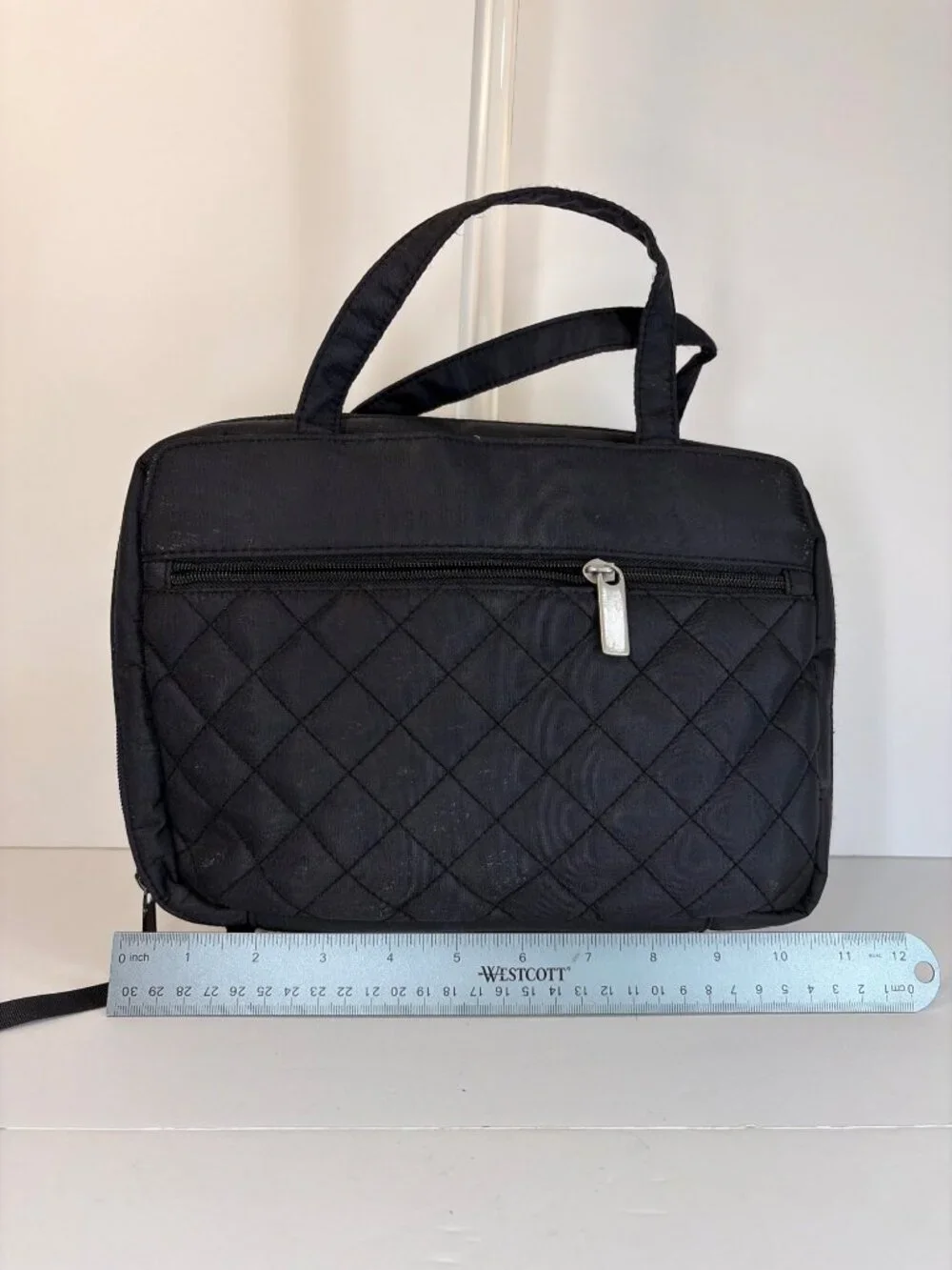 Women's Black Quilted Cosmetic Toiletry Travel Bag Organizer Double Handled